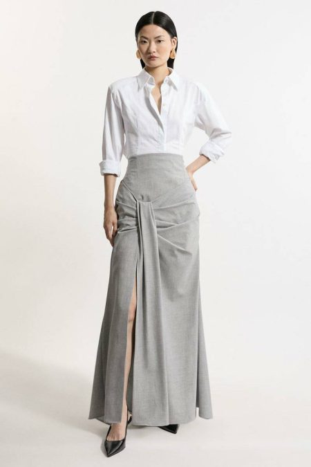 Skirts Petite Tailored High Waisted Draped Maxi Skirt Karen Millen Women Grey Marl