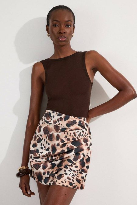 Skirts Women Multi Karen Millen Structured Viscose Satin Animal Print Ruched Mini Skirt