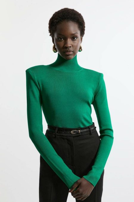 Slinky Drape Knit Power Shoulder Funnel Neck Top Tailoring Green Karen Millen Women