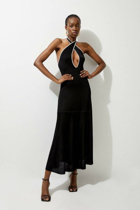 Slinky Knit Contrast Piping Halter Neck Maxi Dress Karen Millen Women Maxi Dresses Pink