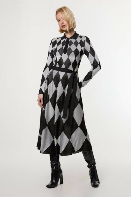 Slinky Knit Mono Jacquard Belted Maxi Dress Women Karen Millen Mono Tailoring