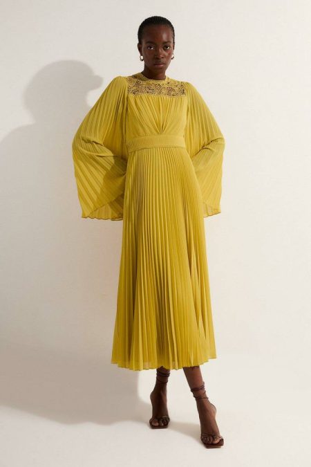 Soft Pleated Lace Detail Woven Kimono Sleeve Maxi Dress Karen Millen Women Mustard Maxi Dresses