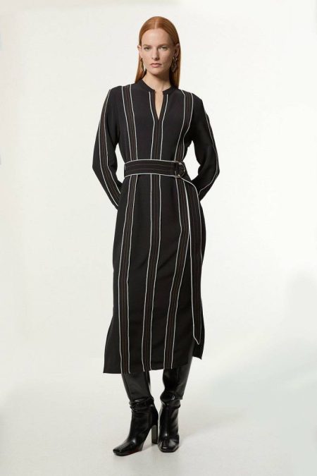 Soft Tailored Contrast Tipped Belted Midaxi Dress Maxi Dresses Women Karen Millen Ivory