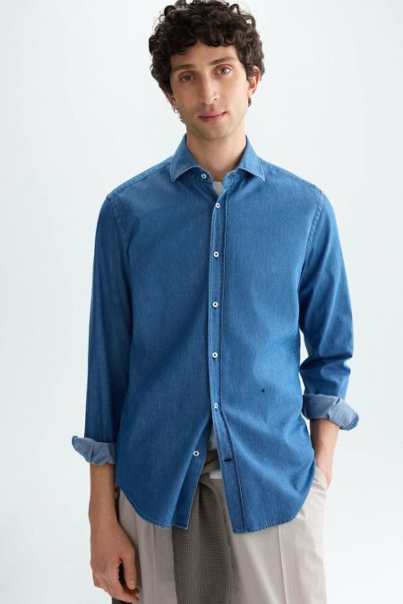 Spread Collar Denim Shirt Purificacion Garci Shirts Indigo Blue Men