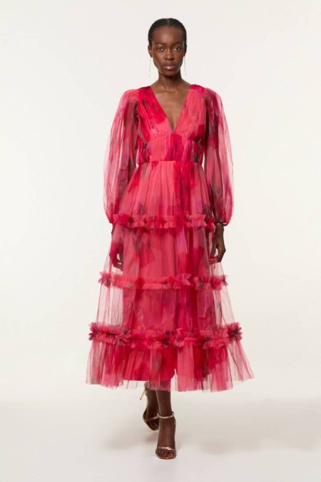 Spring Floral Tulle Plunge Maxi Dress Women Pink Maxi Dresses Karen Millen