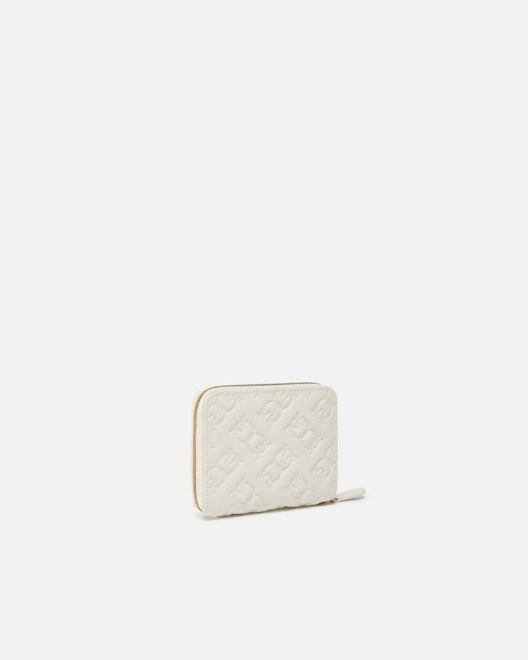 Square Leather Wallet With Debossed Monogram Motif Pinko White+White-Antique Gold Purses - Image 2