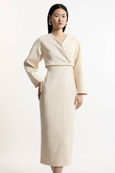 Stone Karen Millen Tailoring Structured Crepe Tailored Sleeveless Seam Detail Midi Dress Women