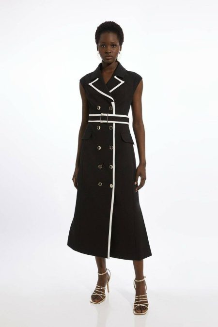 Stone Karen Millen Women Midi Dresses Compact Stretch Double Breasted Belted Tipped Tailored Midi Dress