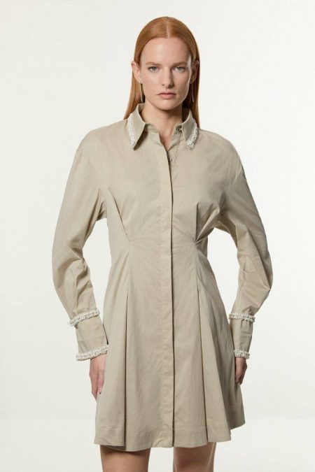 Stone Women Tailoring Karen Millen Tall Pearl Trim Cotton Full Skirt Mini Dress