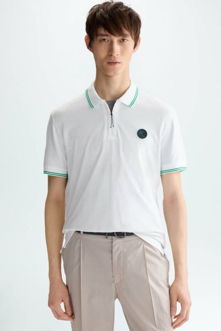 Stretch-Piqué Half-Zip Slim Fit Polo Shirt White Polo Shirts Men Purificacion Garci