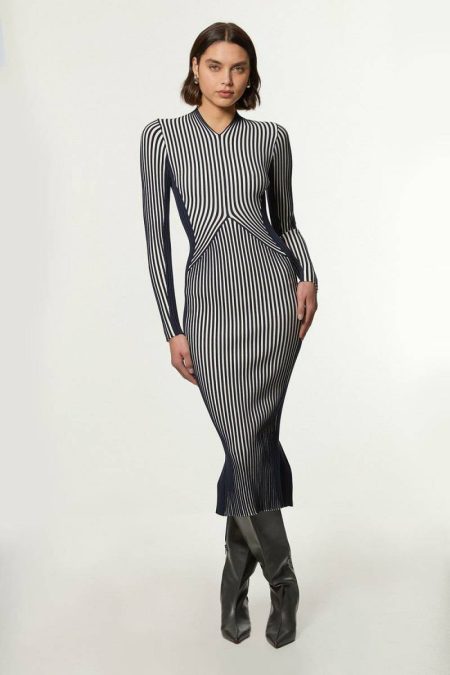 Stripe Fitted Long Sleeve Knitted Midi Dress Women Midi Dresses Karen Millen Navy