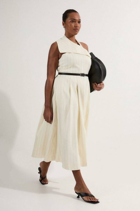 Stripe Midi Dresses Karen Millen Women Plus Size Premium Linen Viscose Pinstripe Halter Neck Belted Full Skirted Midi Dress