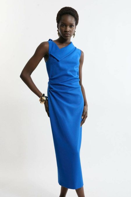 Structured Crepe Full Skirted Tailored Asymmetrical Maxi Dress Tailoring Karen Millen Cobalt Women