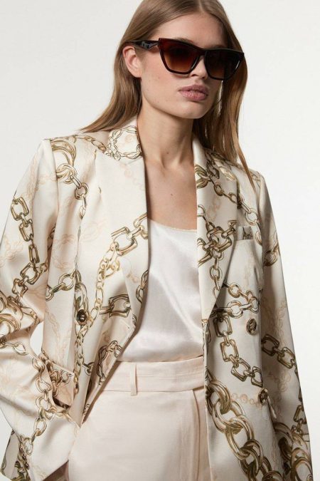 Structured Viscose Satin Chain Print Tailored Double Breasted Blazer Multi Karen Millen Women Two-Piece Sets