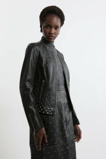 Studded Leather Collarless Moto Jacket Black Karen Millen Tailoring Women