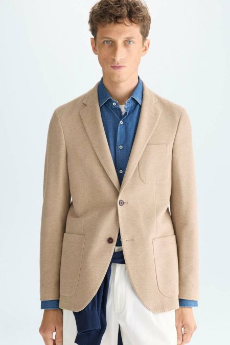 Suits And Blazers Camel Purificacion Garci Men Cotton Textured Knit Relaxed Fit Blazer