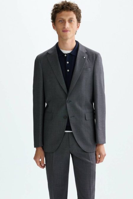 Suits And Blazers Purificacion Garci Wool Bird's Eye Weave Classic Fit Suit Jacket Men Gray