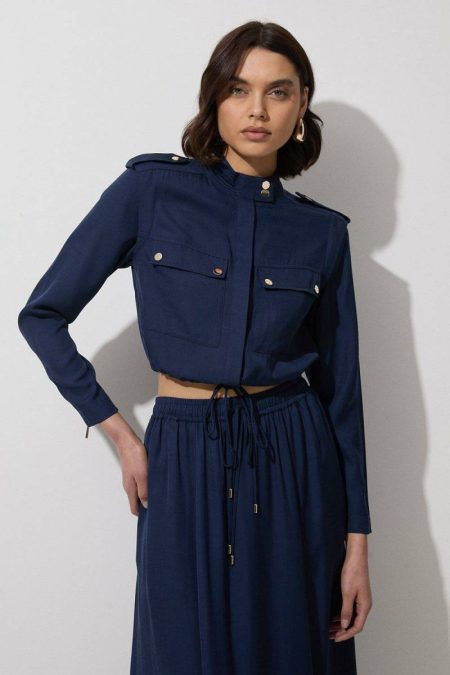 Suits Tall Premium Viscose Linen Topstitch Woven Bomber Jacket Women Navy Karen Millen