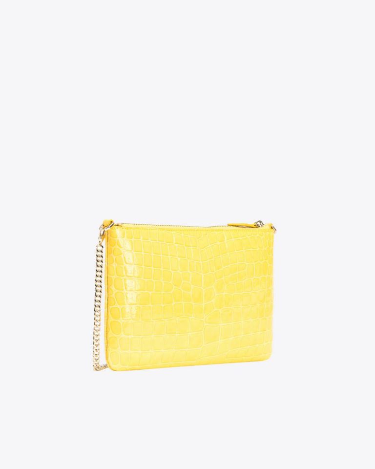 Sun Yellow-Light Gold Leather Goods Pinko Galleria Shiny Coloured Croc-Print Classic Flat Love Bag - Image 2