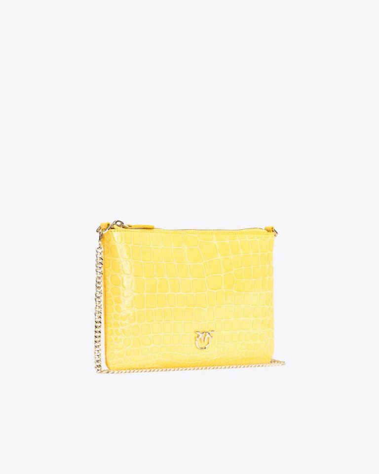Sun Yellow-Light Gold Leather Goods Pinko Galleria Shiny Coloured Croc-Print Classic Flat Love Bag - Image 3