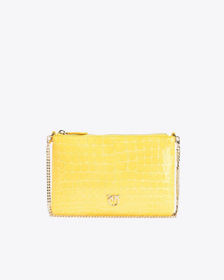 Sun Yellow-Light Gold Leather Goods Pinko Galleria Shiny Coloured Croc-Print Classic Flat Love Bag