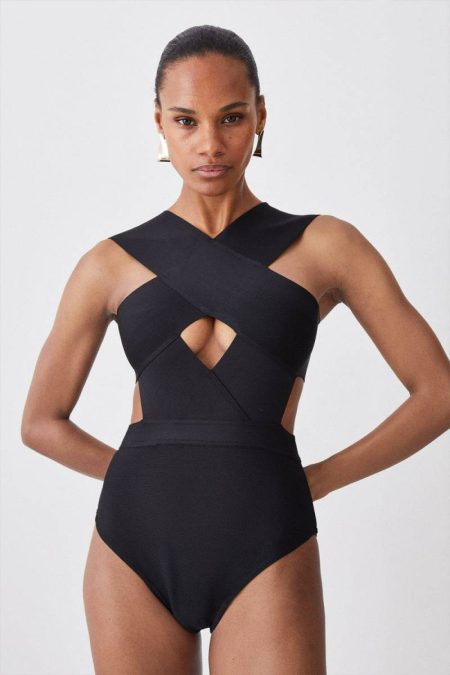 Swimwear Women Karen Millen Bandage Textured Cross Front Swimsuit Coral