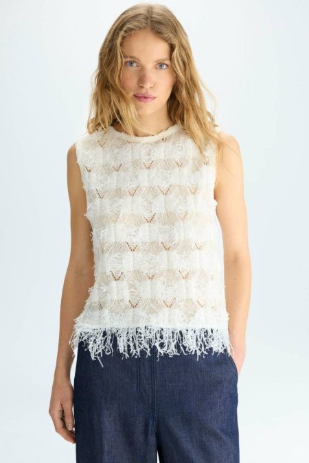 T-Shirts And Tops Women Ecru Fringed Pointelle Knit Paper Thread Straight-Fit Top Purificacion Garci