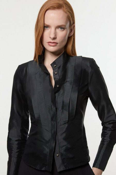 Taffeta Pleat Detail Woven Shirt Women Karen Millen Ivory Tops