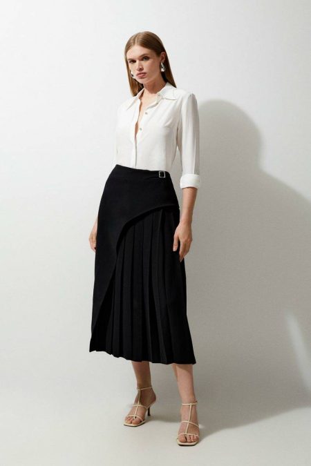 Tailored Buckle Detail Pleated Midi Skirt Mono Karen Millen Women Skirts