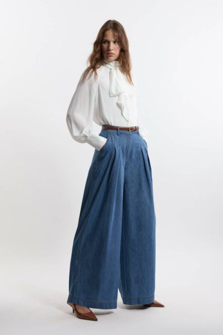 Tailored Chambray Denim Straight Leg Pleated Pants Karen Millen Light Blue Women Tailoring