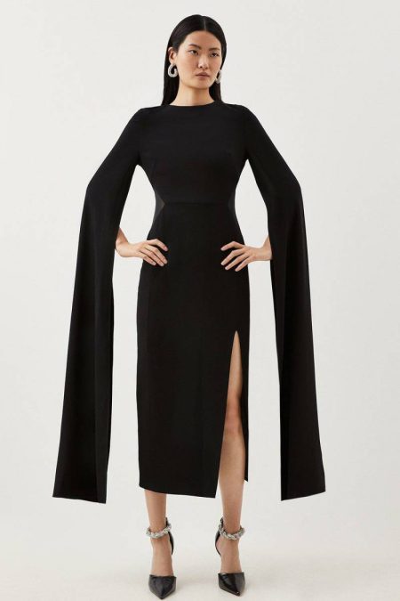 Tailored Compact Stretch Viscose Cape Mesh Panel Midi Dress Ivory Karen Millen Women Midi Dresses