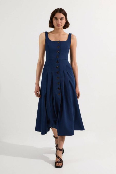 Tailored Textured Button Though Strappy Full Midi Dress Navy Karen Millen Midi Dresses Women