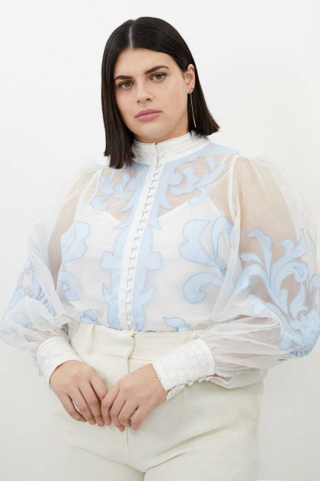 Tailoring Baby Blue Karen Millen Women Plus Size Organdie Applique Buttoned Woven Blouse