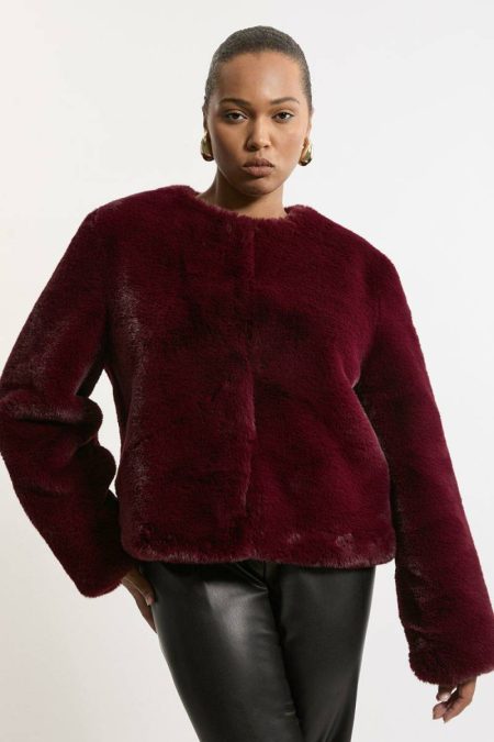 Tailoring Berry Karen Millen Women Plus Size Collarless Faux Fur Jacket