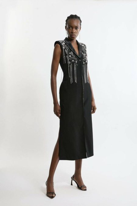 Tailoring Black Embellished Detail Plunge Collared Woven Maxi Dress Women Karen Millen