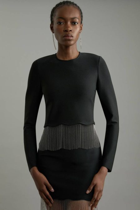 Tailoring Black Karen Millen Figure Form Bandage Knit Scallop Tassel Top Women