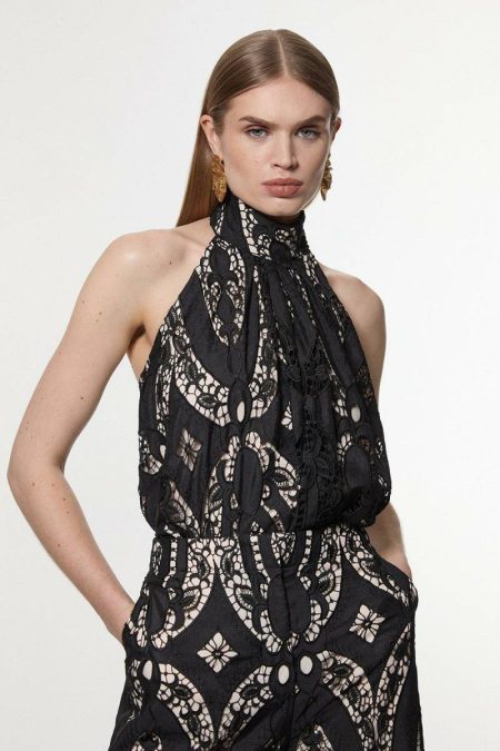 Tailoring Black Karen Millen Tall Sheer Georgette Cutwork Woven Halter Top Women