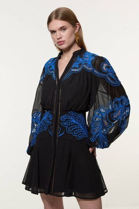 Tailoring Black Karen Millen Women Cutwork Beaded Embroidered Woven Mini Dress