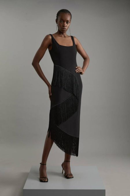 Tailoring Black Karen Millen Women Fringe Tassel Drape Tailored Pencil Midi Dress