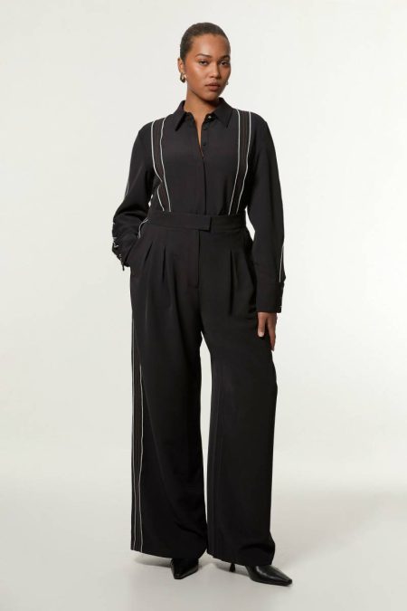 Tailoring Black Plus Size Soft Tailored Contrast Tipped Wide Leg Pants Women Karen Millen