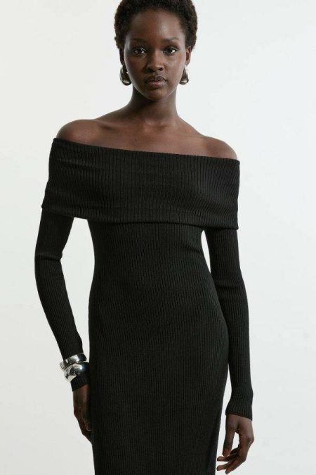 Tailoring Black Viscose Blend Rib Detail Off The Shoulder Knit Midi Dress Karen Millen Women