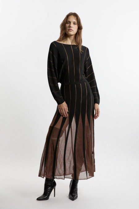 Tailoring Black Women Tall Slinky Viscose Sheer Tie Detail Knit Dress Karen Millen
