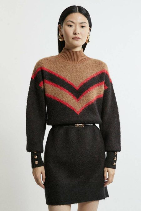 Tailoring Brushed Jacquard Military Trim Knit Mini Dress Karen Millen Camel Women