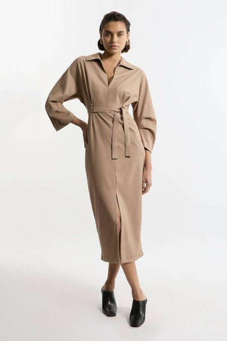 Tailoring Camel Karen Millen Women Tailored Wide Sleeve Midi Shirt Dress