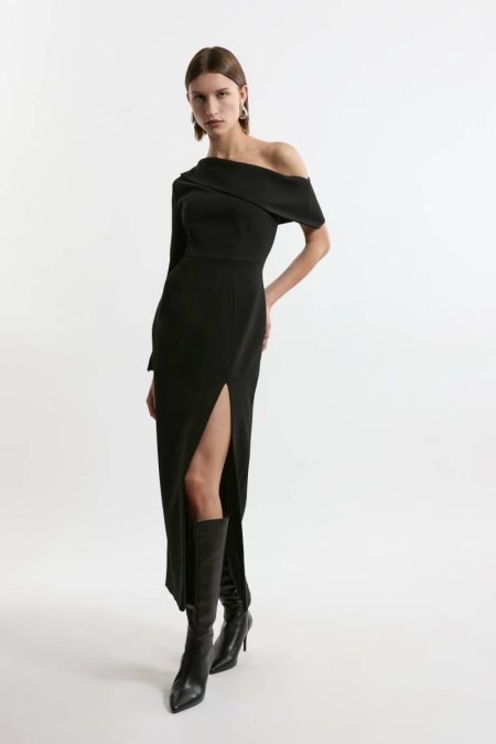Tailoring Compact Stretch Open Neck Tailored Midi Dress Karen Millen Black Women