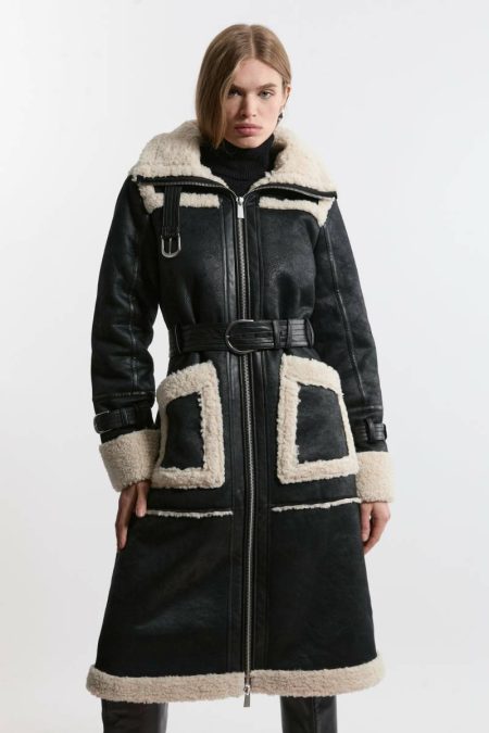 Tailoring Faux Shearling Contrast Trim Hooded Midi Coat Women Karen Millen Mono