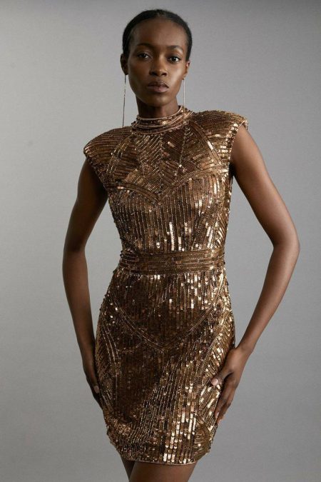 Tailoring Gold Karen Millen Women Petite Embellished Pearl Strong Shoulder Mini Dress