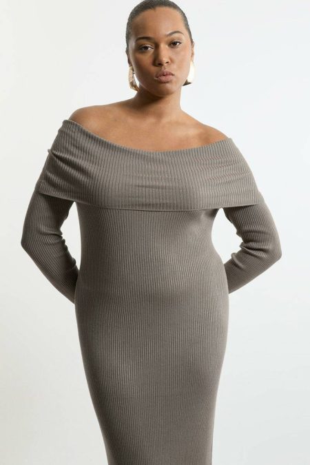Tailoring Grey Women Karen Millen Plus Size Viscose Blend Rib Detail Off The Shoulder Knit Midi Dress