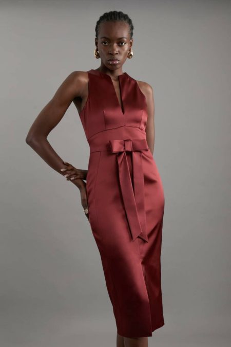 Tailoring Italian Structured Satin Bow Detail Tailored Midi Dress Karen Millen Women Rust