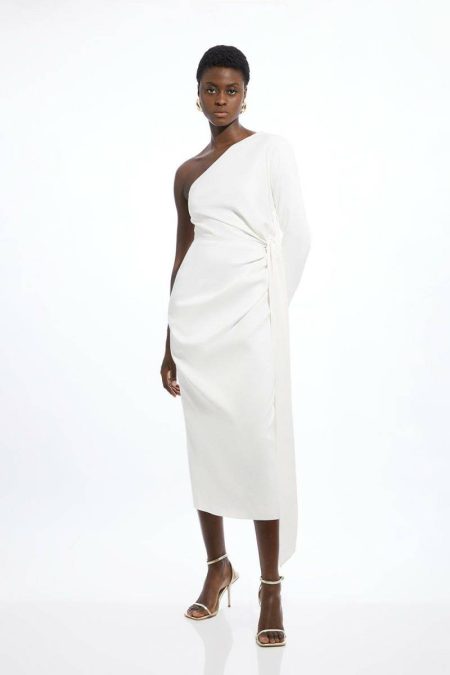 Tailoring Ivory Karen Millen Women Petite Satin Back Crepe One Shoulder Drape Midi Dress